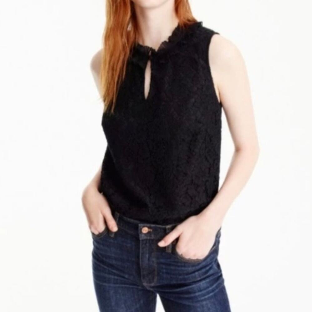 J‎ Crew Black Lace Floral Ruffle Neck Blouse Sleeveless Top Lined Goth Medium